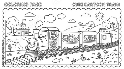 Cute Cartoon Train Coloring Page Illustration.