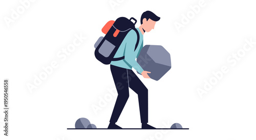 man walking with heavy backpack and dumbbell vector illustration flat design