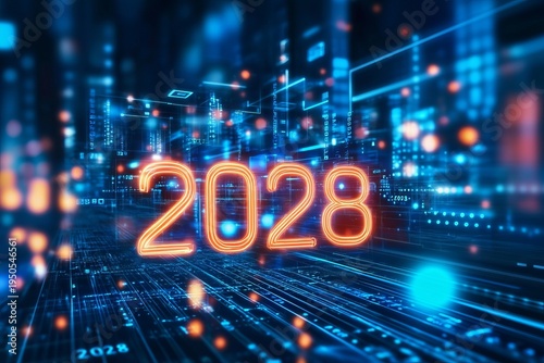 Vibrant 2028 New Year s Eve Celebration with Colorful Technology Elements and Glowing Number Effects