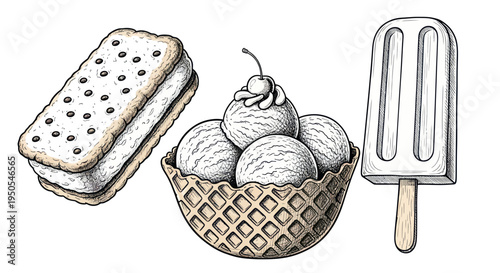 Hand-drawn ice cream sandwich, waffle bowl with scoops, and popsicle on white background