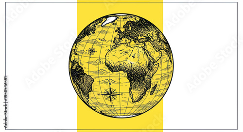 Hand-drawn globe with compass rose, Africa centered, yellow stripe background