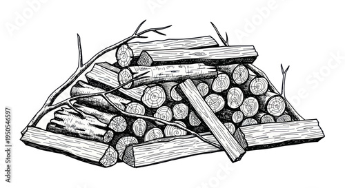 Hand-drawn illustration of a pile of firewood and branches, black and white sketch.