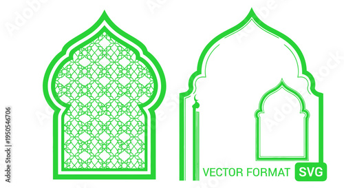 Islamic Archway Window with Geometric Pattern, Green Vector Design