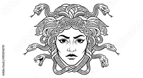 Medusa Gorgon Head with Snakes Hair, Ancient Greek Mythological Creature Illustration