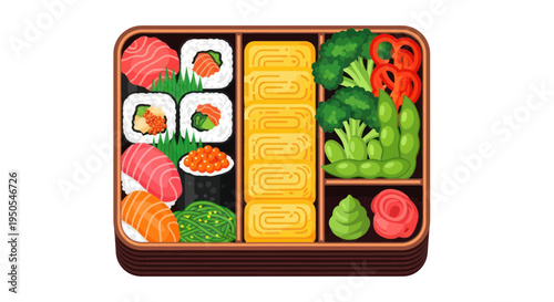 Japanese Bento Box Lunch: Sushi, Tamagoyaki, Vegetables, and Ginger