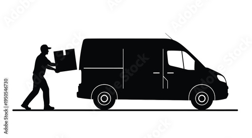 A silhouetted delivery worker struggles to carry a cardboard box alongside a black van on pavement high quality professional