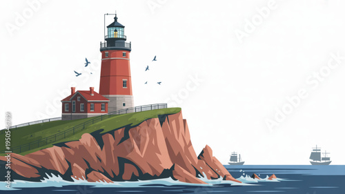 Red lighthouse on a cliff overlooking the sea with sailing ships and birds a classic maritime illustration for navigation and travel concepts