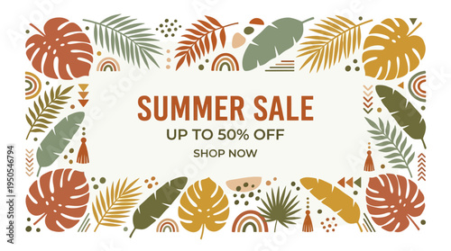 Summer Sale Banner with Tropical Boho Leaves Frame on Light Background