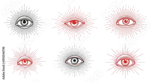 Mysterious Eyes of Providence with Radiant Rays, Esoteric Symbols, Vintage Illustration