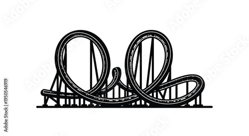 A stylized black and white illustration depicts a looping roller coaster track with prominent curves and supports high quality