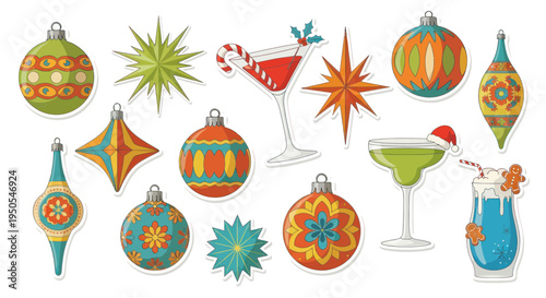 Retro Christmas Ornaments and Festive Cocktails Collection