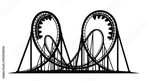 A striking black silhouette depicts a complex roller coaster with looping tracks and supporting structures high quality professional detailed