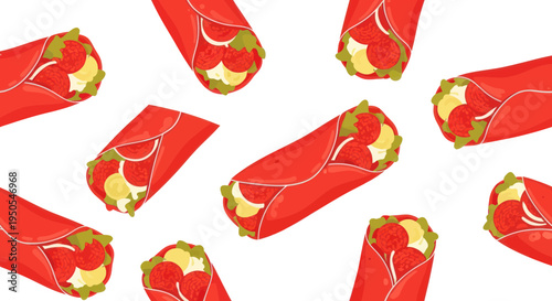 Seamless Pattern of Delicious Wraps with Pepperoni, Cheese, and Lettuce
