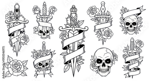 Skull and Dagger Tattoo Designs with Roses and Banners