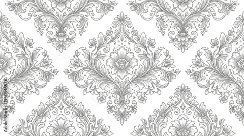 Intricate floral damask pattern design in monochrome, suitable for textile or wallpaper use