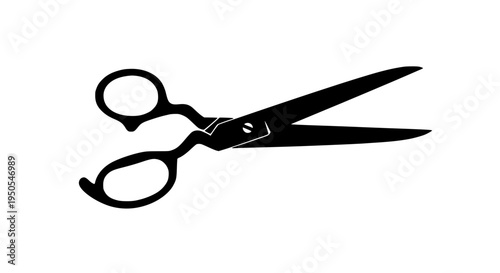 Scissors with sharp blades and loop handles in black silhouette on white background featuring cutting tool, icon,