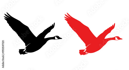 Two Canada Goose Silhouettes Flying, Black and Red