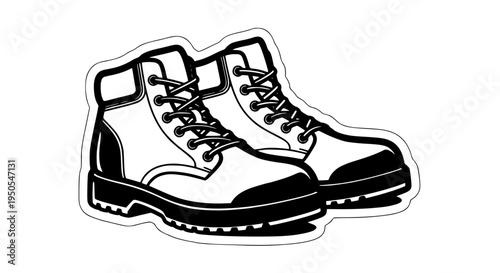 Boots work with laces and rugged soles in a black and white outline style featuring footwear, shoes, leather with