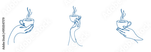Set of three hand drawn blue line art illustrations of hands holding steaming coffee cups, minimalist sketch style, elegant coffee break concept, simple artistic beverage icons for cafe design