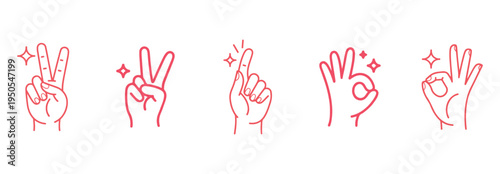 Set of hand gestures showing peace sign, number one, and okay sign with decorative sparkles in a minimalist pink line art style for communication and social media expression