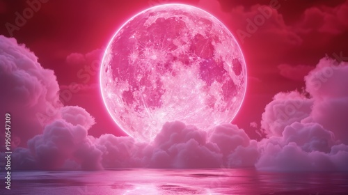 A large pink moon is in the sky above a body of water. The sky is filled with pink clouds, creating a dreamy and romantic atmosphere