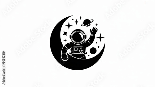 Astronaut waving from crescent moon surrounded by stars and planets simple vector illustration for space exploration and science concepts