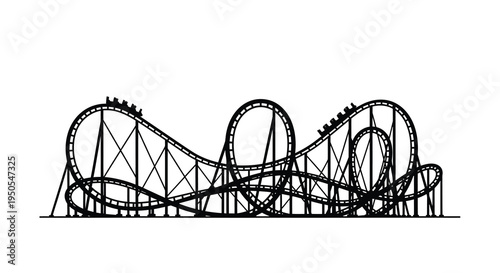 A minimalist black and white illustration depicts a complex roller coaster track with several loops and riders high quality