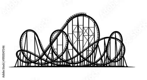 A detailed black and white illustration depicts a complex looping roller coaster structure with multiple hills and turns