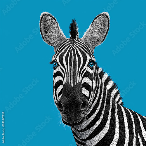 Zebra with striking blue eyes against a bright blue background  