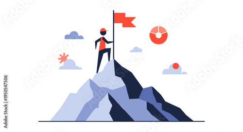 business leader planting flag on mountain peak success achievement flat design vector illustration