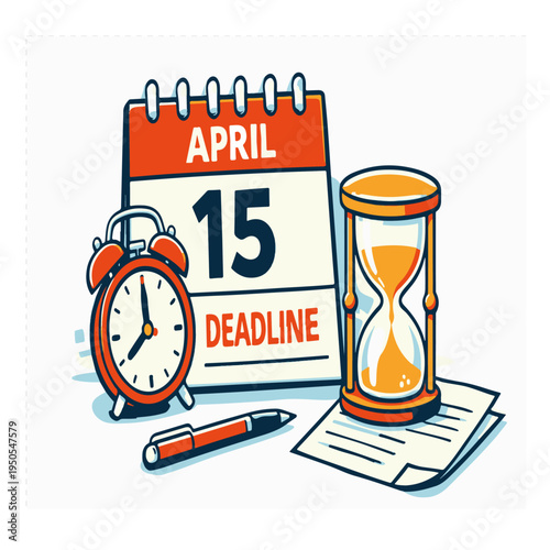 April 15 tax extension deadline reminder with calendar clock and hourglass