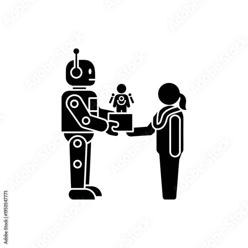 Robot gifting a child robot icon to a person, future technology concept