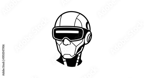 Robotic head with futuristic goggles on.