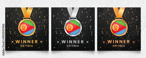 Set of three glossy winner medals (gold, silver, bronze) featuring the flag of Eritrea. Vector awards with confetti and shiny effects for competition, excellence, and national pride.