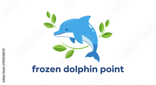 Frozen dolphin logo with green leaves in blue color for eco friendly brand
