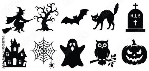 Halloween Silhouette Vector Set - Spooky Icons including Witch, Ghost, Haunted House, and Jack-o-Lantern