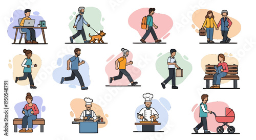 A colorful vector graphic illustration of people engaging in various daily activities on transparent background