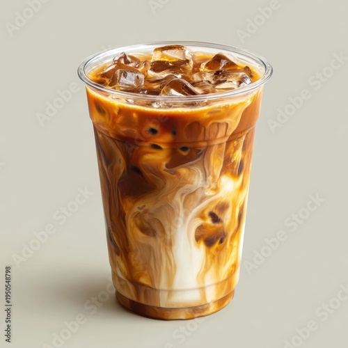 Iced coffee beverage with cream swirls in a clear plastic cup