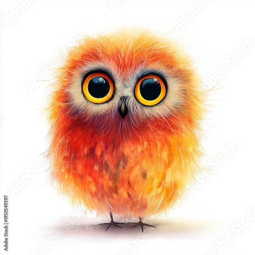 Cute orange owl with large eyes standing on white background  