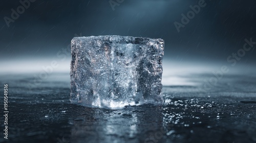 Single ice cube resting on a wet surface with rain