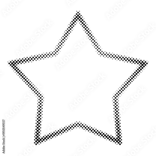 Dotted five point star outline isolated on white background. Halftones. Minimal black vector star symbol made of small dots.Simple geometric decorative element for icons, logos, patterns and graphic. 