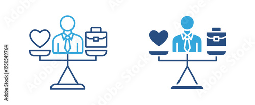Work life balance icon set. Businessman balancing heart and briefcase on scale, career and personal life concept. Vector illustration.