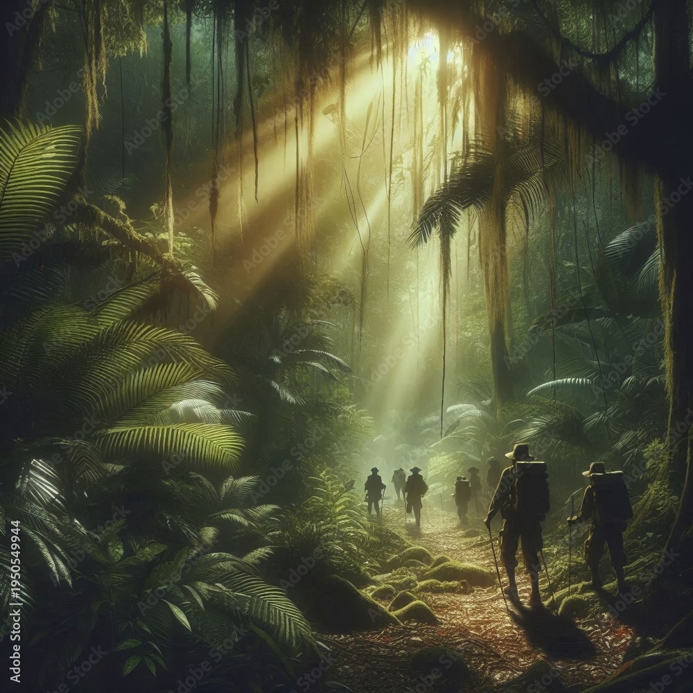 Obraz premium Adventure Hikers Walking in Dense Jungle with Dramatic Sunlight