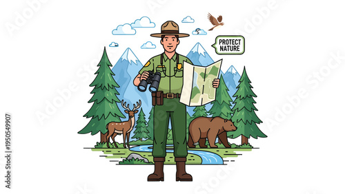 Guardian of the Wilderness: A dedicated ranger stands ready to protect the wilderness, maps in hand, binoculars at the ready, against a backdrop of mountains, forest and wildlife.