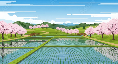 Idyllic Japanese Spring Landscape: Cherry Blossoms, Rice Fields, and Mount Fuji