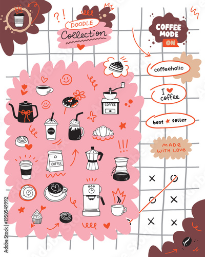 Coffee doodle collection of design elements and lettering for menu design. Line art coffee symbols, backgrounds, speech bubbles and decorative elements. Isolated on white background.