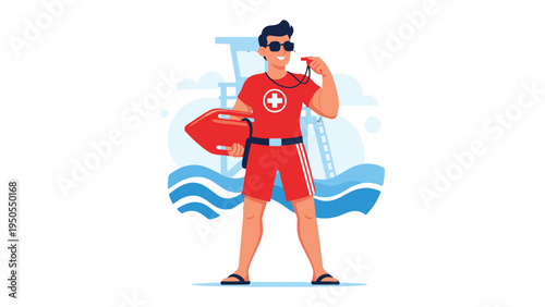 Coastal Guardian: A focused lifeguard, embodying the spirit of vigilance and readiness, stands tall with their rescue equipment, prepared to ensure the safety of beach visitors.