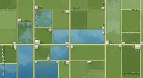 Aerial View of Agricultural Fields and Water Reservoirs, Rural Landscape