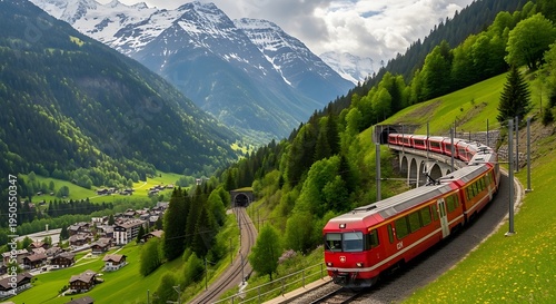 Red Train Traveling Through Mountainous Landscape.