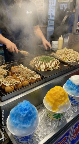Japanese street food stall with takoyaki, okonomiyaki, yakisoba, and shaved ice.